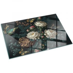 Plaque Rectangulaire d&eacute;corative imprim&eacute;e sous chemin&eacute;e et po&ecirc;le ind&eacute;pendant Protection Thermique Motif floral avec papillons 100x70 cm