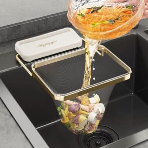 Tigrezy - Panier d'angle pliable pour évier de cuisine avec 100 sacs en filet jetables – Filtre récupérateur d'aliments et broyeur à déchets (blanc)