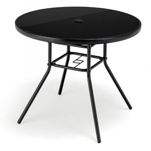 Costway - Table de Jardin Ronde 86 cm en Verre Tremp&eacute; Table d'Appoint d'Ext&eacute;rieur avec Trou pour Parasol de 3,5 cm Cadre en M&eacute;tal