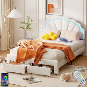 Lit adulte 140x190 cm, avec tête de lit en forme de fleur, 2 tiroirs de rangement, app, cadre en métal, sommier à lattes en bois, lit capitonné en