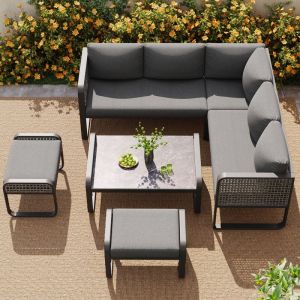 Modfu - Ensemble de jardin 7 places, canapé d'angle, 2 tabourets et 1 table basse fixe, pieds réglables avec coussins, rotin + métal, gris foncé
