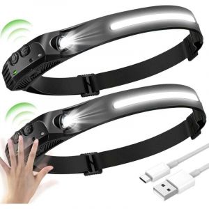 2PCS LED Lampe Frontale, LED Frontale COB+XPE 5 Mod&egrave;les, LED Lampe Frontal &agrave; Capteur, Lampe Frontale &agrave; LED Etanches USB Rechargeables, Frontale LED