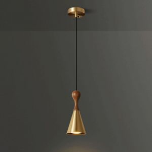 Mini suspension en noyer avec abat-jour en laiton, lampe suspendue d'&eacute;clairage d&eacute;coratif de chevet, douille E27