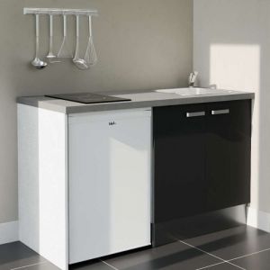 Kitchenette K17L-PT - 140 cm avec plan de travail et &eacute;vier - Fa&ccedil;ade Noir - Plan Gris - Evier Inox - Cr&eacute;dences Non