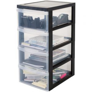 Iris Ohyama, Tour de rangement plastique sur roulettes A4, 4 Tiroirs Moyen, Noir, DC-004