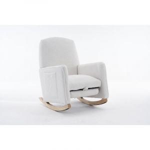 Fauteuil à bascule en fausse fourrure avec tabouret et dossier haut, blanc