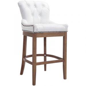 D&eacute;coshop26 - Tabouret de bar x1 confortable design r&eacute;tro assise capitonn&eacute; en v&eacute;ritable cuir blanc pieds en bois clair 100005059