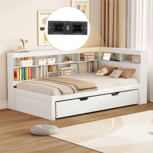 Lit banquette 90x200cm en bois - avec lit gigogne 90x190cm et prise usb - 10 compartiments - Blanc