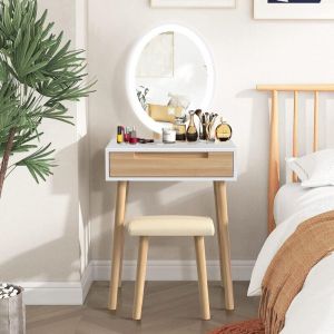 Coiffeuse avec led Miroir et Rangement, Table de maquillage et tabouret, Miroir rond blanc+ 2 tiroirs en bois, Meuble coiffeuse, Moderne, Adulte,