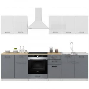 Cuisine Sanclar 7 éléments - haut blanc bas gris laqué - 2m60 four encastrable