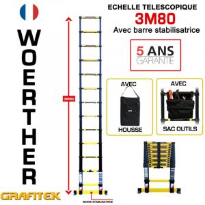 Woerther - EcheEscabeau pliant 1m80 + Plateforme pratik + Sac à outils, escabeau 5 marches, Echelle pliante Aluminium, Echelle télescopique, qualité