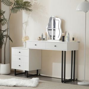 Coiffeuse avec miroir led 3 couleurs et 5 tiroirs, plateau de table extensible, coiffeuse blanche, sans tabouret