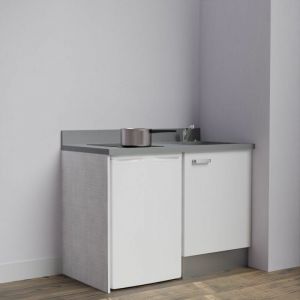 Kitchenette K08L - 120 cm avec plan monobloc et emplacement frigo top-Blanc-Cromo-évier à droite