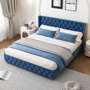 Lit rembourré 160x200 cm lit double avec sommier à lattes et tête de lit, capitonnage à rivets, pieds en bois, tissu en velours, bleu, sans matelas