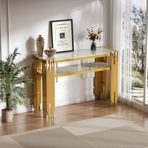 Table console, pieds dorés, placage marbre, 2 étagères, table d'appoint de salon,124×44×80cm, blanc