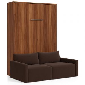 Lit escamotable vertical avec canap&eacute; tissu VALENCIA Marron Sans matelas-80x180-Canap&eacute; Marron-Structure Noyer