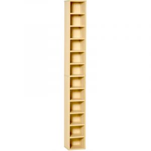 Biblioth&egrave;que CD DVD, meuble de rangement colonne 12 cases, capacit&eacute; 204 CD, dimensions 21x20x175 cm, bois naturel
