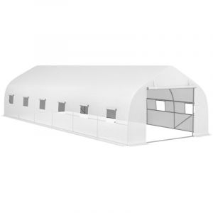 Serre tunnel grande taille 24 m&sup2; ch&acirc;ssis tubulaire acier galvanis&eacute; renforc&eacute; 2,4 cm 12 fen&ecirc;tres 1 porte blanc