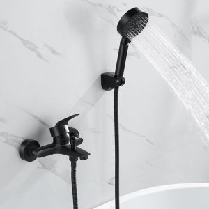 Mitigeur Baignoire, Robinet Baignoire avec Douchette 5 Jets, Robinet Salle Bain Baignoire Mural avec Flexible 1,5m Mitigeur Baignoire Noir