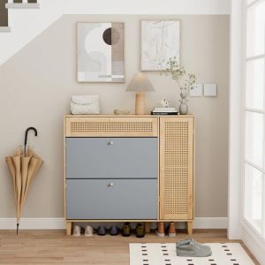 UEV Armoire &agrave; Chaussures en Rotin, Meuble &agrave; Chaussures Inclinable, 4 Compartiments (3 Rangements Chaussure+1 &Eacute;tag&egrave;re Cach&eacute;), Cabinet Botte sur C&ocirc;t&eacute;,