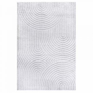 Tapis salon 160 x 235 cm, motif rond graphique, blanc, gris, texture relief, structure dense pour un int&eacute;rieur chaleureux, entretien simple