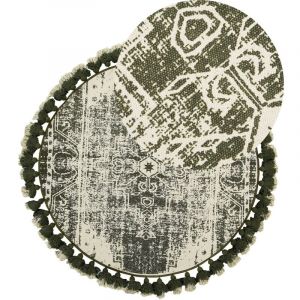 Beliani - Tapis Rond Design Vieilli avec Pomponsø 120 cm en Coton Blanc Crème et Vert Kahta