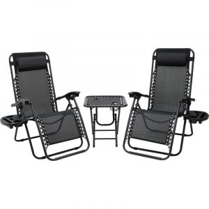 Chaises Longues de Jardin Pliables, Pack de 3 avec Table d'appoint, Chaise Longue inclinable avec Support de Gobelet et Appuie Tête, Transat en de