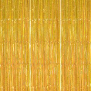 PartyWoo 3 Pi&egrave;ces Rideau Frange Anniversaire Or, Rideaux &agrave; Franges en Aluminium, Rideau M&eacute;tallique de Frange Brillant, Tinsel Shimmer Rideaux pour