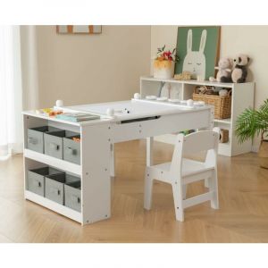 Costway - 2 en 1 Table à Dessin et 2 Chaises Enfants avec Plateau Inclinable, Table d'Activité en Bois avec 6 Boîtes de Rangement & Rouleau de
