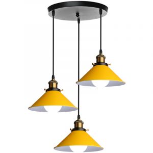 Suspension Luminaire Industrielle 3 Lumi&egrave;re Plafonniers Design Edison M&eacute;tal Lustre Suspension avec Support de Plaque Circulaire, &Oslash; 22cm, Jaune