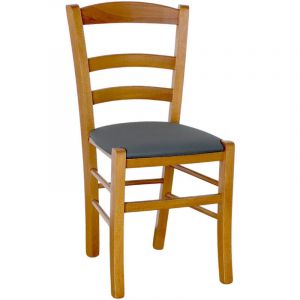 Chaise paysanne en bois de noyer clair avec assise en similicuir anthracite