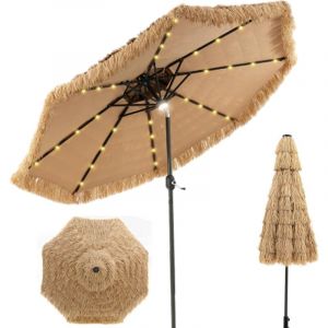 RELAX4LIFE Parasol de Plage Hawa&iuml; Tropicale LED &Phi;282, Parasol de Jardin Ext&eacute;rieur en Paille avec 8 baleines, Parasol Inclinable Double Toit Manivelle