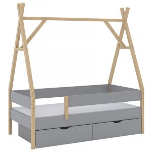 Lit Tipi Bali, Gris, 80x160 cm avec 2 tiroirs et matelas Vitalispa