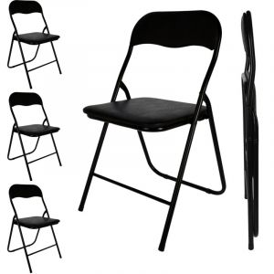 Spetebo - Chaise pliante en m&eacute;tal noire rembourr&eacute;e avec rev&ecirc;tement en similicuir &ndash; Lot de 4 &ndash; Chaise pliante de cuisine avec dossier