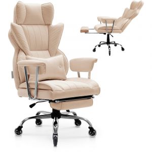 Chaise de Bureau avec Repose-pieds, Fauteuil de Direction Ergonomique avec Coussin Lombaire et Accoudoirs Amovibles, Siege de Bureau en Cuir pu,