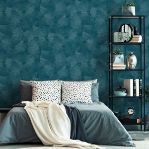 Bricoflor - Papier peint à motif éventail bleu pour bureau moderne | Tapisserie à motif abstrait idéale chambre adulte | Papier peint uni bleu foncé