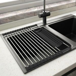 Egouttoir Vaisselle inox Cuisine S&eacute;choir &agrave; Rouleaux Repliable et Amovible en Acier Inoxydable pour &Eacute;vier Panier en Filet drainant 43CM32.5CM Noir