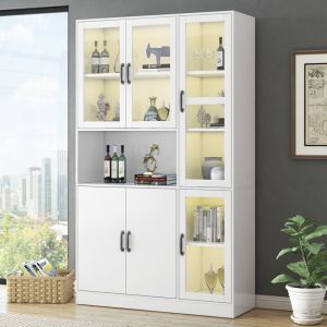 Redom - Vitrine blanche, étagères avec portes, étagères debout pour livres, grand buffet de cuisine, armoire de rangement, bibliothèque de luxe avec