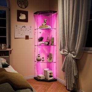 Vitrine d'angle en verre - Vitrine pour collection &agrave; 4 &eacute;tag&egrave;res avec &eacute;clairage LED, design pentagonal, hauteur 162 cm - Bandes lumineuses &agrave; LED, noir