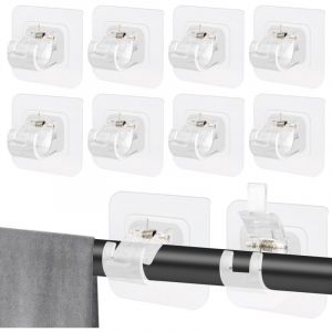 10 Pi&egrave;ces Support Tringle Rideaux Sans Percage,Supports de Tringle Auto Adh&eacute;sifs Transparent,Support Am&eacute;Lior&eacute; Rideaux,Sans Percage Support Crochets