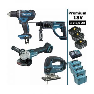 Pack Makita Premium 4 machines 18V 5Ah: Perceuse DDF482 + Meuleuse DGA504 + Perforateur DHR202 + DJV180 + 3 batt + 4 Coffrets
