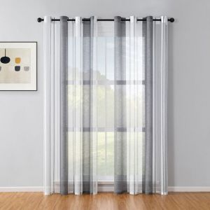 Lot de 2 Rideaux ray&eacute;s Transparent avec &oelig;illets, Voile Rideaux Salon Moderne Rideaux Chambre &agrave; Coucher Semi-Transparent Rayures Rideau - Gris fonc&eacute;