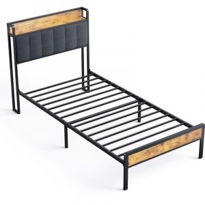 Bealife - Lit Simple 90 x 200 en Métal avec Tête de lit Capitonnée en Tissu pour Rangement Sommier à Lattes Lit Enfant Adolescent Noir et Gris Foncé