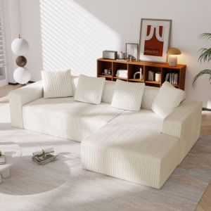 Canapé d'angle 3 Places en L,Canapé Velours Côtelé pour Salon,Assis profond,Sans Montage,261 x 146 x 65cm,Blanc