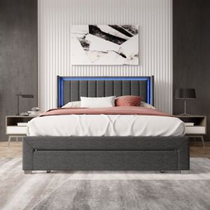 Lit 180x200 avec Tiroir, Lit Double 180x200, Lit Capitonné avec Rangement, Tête de Lit avec Lumière led et Port usb, Lit Adulte Coffre, Lin, Gris