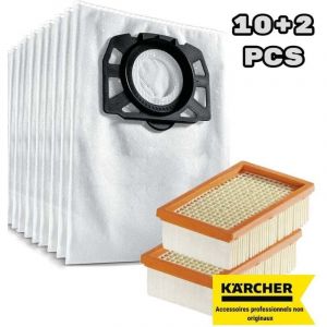 Convient pour Kärcher WD 4, WD 5, WD 6, WD 4290 / 5200 M / 5300 M / 5600 MP Sac filtre à peluches + filtre plat plissé (pack de 10+2)