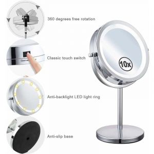 Miroir Grossissant Lumineux de Rotation à 360°Miroir Maquillage, Miroir Grossissant x10 Miroir Maquillage Lumineux Miroir Coméstique Pivotant Double
