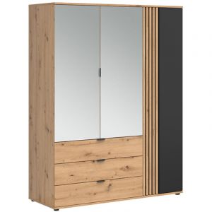 Armoire &agrave; 3 portes et 3 tiroirs avec miroir,coloris Ch&ecirc;ne artisan/Noir - Longueur 150,5 x Profondeur 56 x Hauteur 195,5 cm