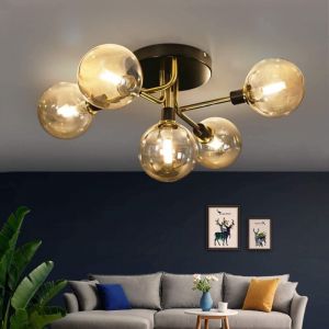 ZMH - Plafonnier salon avec 5-flamme boules de verre G9 douille plafonnier en ambre fumée chambre à coucher lampe d'intérieur couronne lampe enfant