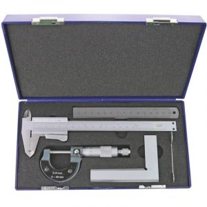 Ensemble de 4 outils de mesure pieds &agrave; coulisse analogue latte en inox 150 mm microm&egrave;tre 0-25 mm &eacute;querre 100x70 mm MIB CMS41